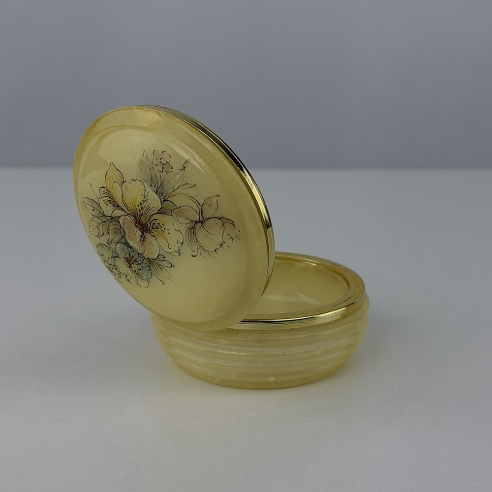 Vintage Italian Alabaster Trinket Box Hand Carved Floral Hinged Round 3" - Picture 8 of 8